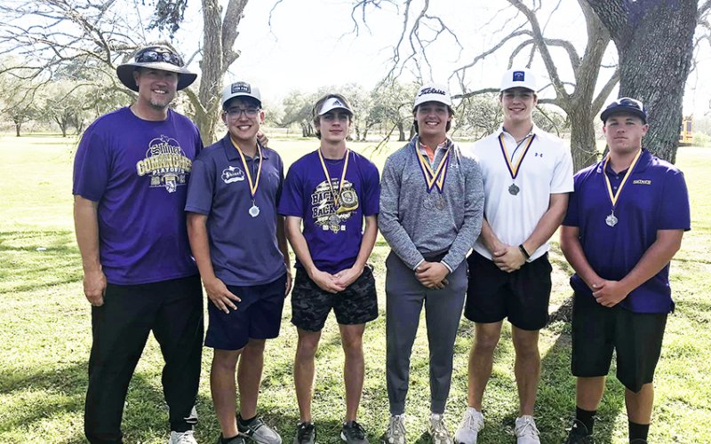 The Shiner boys golf team finished runner up at the Weimar Tournament with a team score of 368.Beck Bishop led the Comanches with an 84; Micah Carson carded a 91; Ryan Peterson scored a 92;  Kade Murrile marked a 101 and Jackson Welch had a 107. From left is head coach Randy Palmer, Jackson Welch, Micah Carson, Beck Bishop, Ryan Peterson and Kade Murrile. Photo courtesy of Randy Palmer.