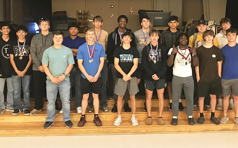 The Shiner boys track team took second place in the Flatonia meet on March 22. Dalton Brooks won the long jump; Shawn Liska got gold in the high jump; Kyle Muehlstein won the 1,600-meter run and finished second in the 800.The 800-relay team of  Micah Carson, Trace Bishop, Rankin Wallace and Dalton Brooks got runner up in the 800-meter relay. Photo courtesy of Randy Palmer