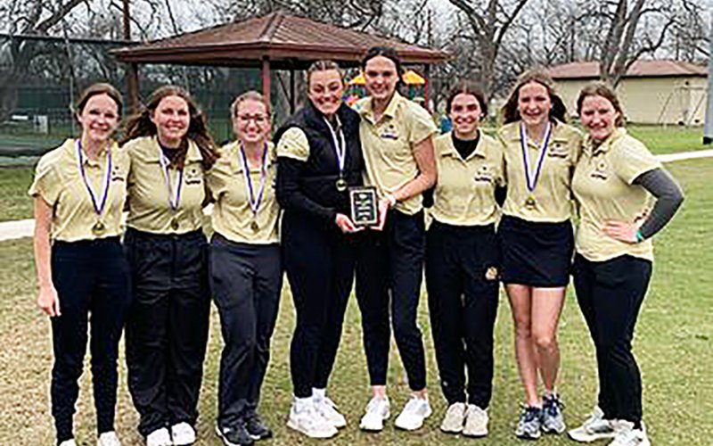 Shiner came in close second at the Navarro Tournament on March 20. From left is Grace Migl, Bri Sofka, Megan Winkenwerder, Chelsea Whiddon, Morgan Lenehan, Lauren Faldyn, Callie Chrismon and Olivia Akin. Photo courtesy of Michelle Winkenwerder.