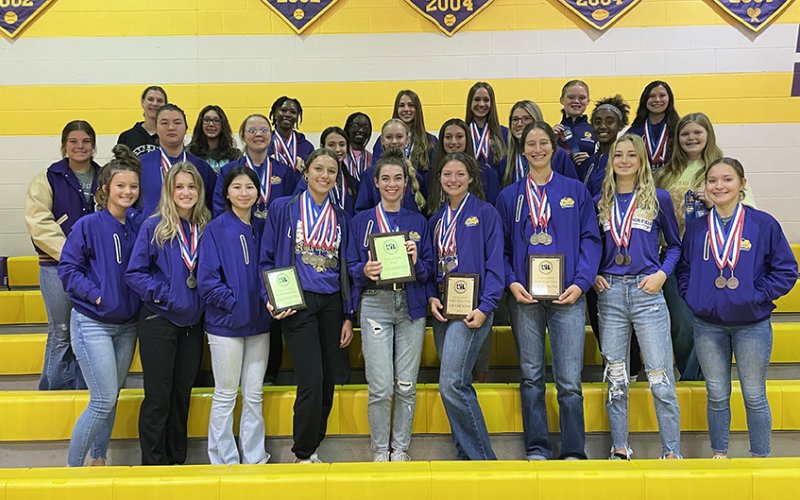 The Lady Comanches track team scored 300 points to win the 28-2A district track and field championship last week in Ganado, winning first place in 13 events and moving  19 athletes to the area meet that was held Wednesday in Weimar. Photo courtesy of Kristi Peterson.