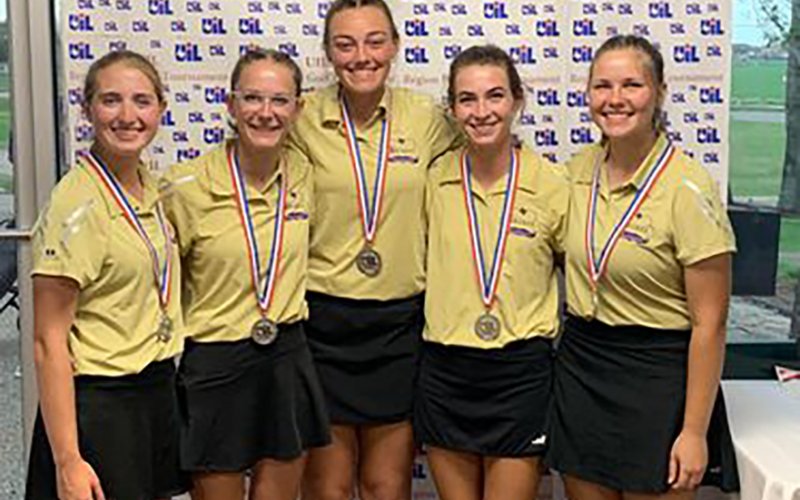The Shiner girls won runner up at the regional golf tournament last week and will compete at state as a team for the first time in school history. Shiner had Monington Clark qualify for state on two occassions, 2017 and 2019. From left is Megan Winkenwerder, Grace Migl, Chelsea Whiddon, Lauren Faldyn and Bri Sofka. Photo courtesy of Michelle Winkenwerder
