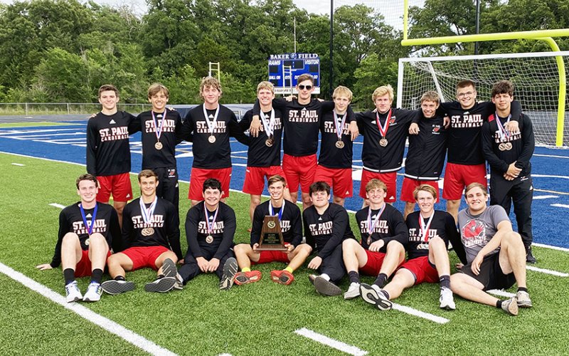 The St. Paul boys track team won the district championship April 18 in Bryan. Photo courtesy of Jake Wachsmuth.