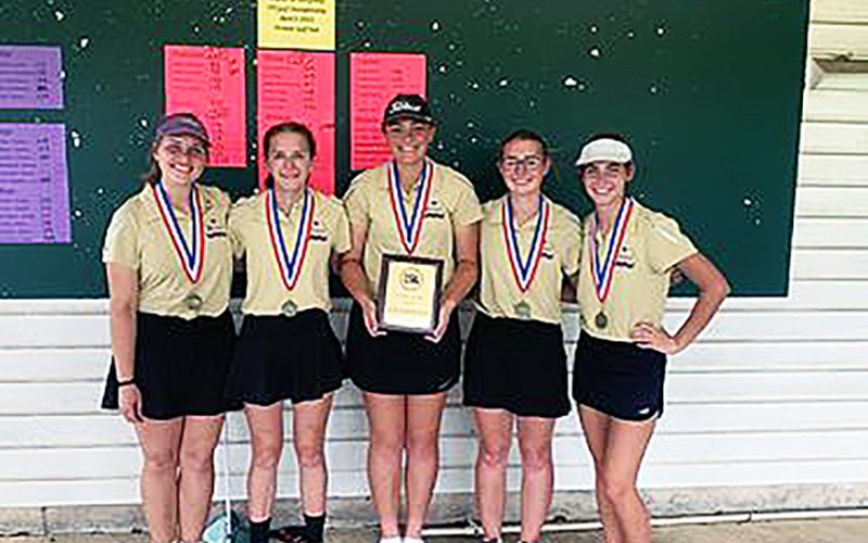 The Lady Comanches golf district champions team. From left is Bri Sofka, Grace Migl, Chelsea Whiddon, Megan Winkenwerder and Lauren Faldyn. Photo courtesy of Michelle Winkenwerder.