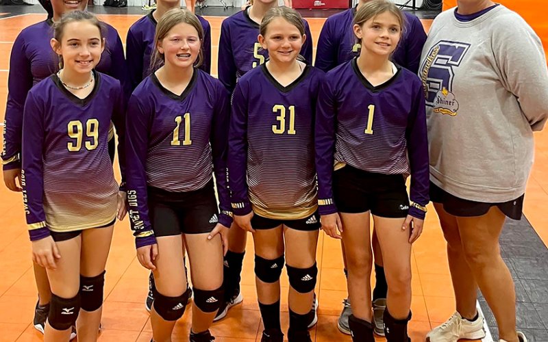 From left (front row): Haley Molina, Lola Hornacky, Reese Lyons and  Bree Nitsch (Back row) Patricia Price, Addison Ulcak, Kendyl Boehm, Eastyn Pohler and Coach Desiree Nitsch. Photo courtesy of Michelle Price.