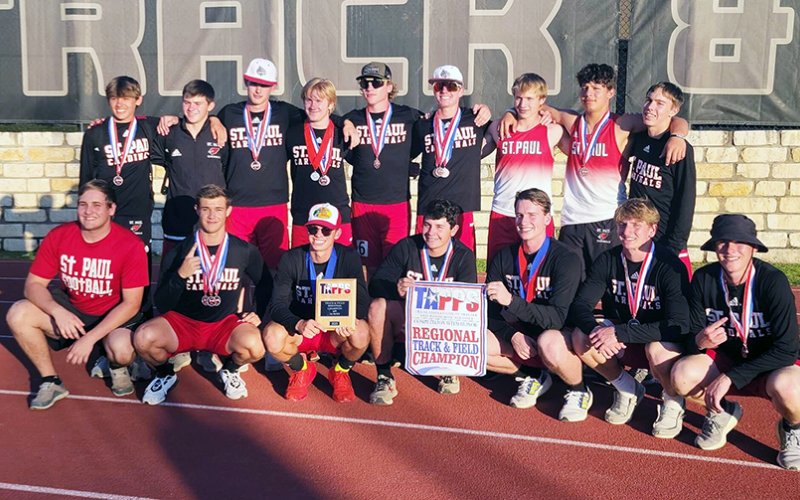 The St. Paul boys track and field team won the TAPPS 2A South regional track title while the girls placed second. St. Paul will have 20 athletes in action at the state meet tomorrow and Friday in Waco. Photo courtesy of Jake Wachsmuth.
