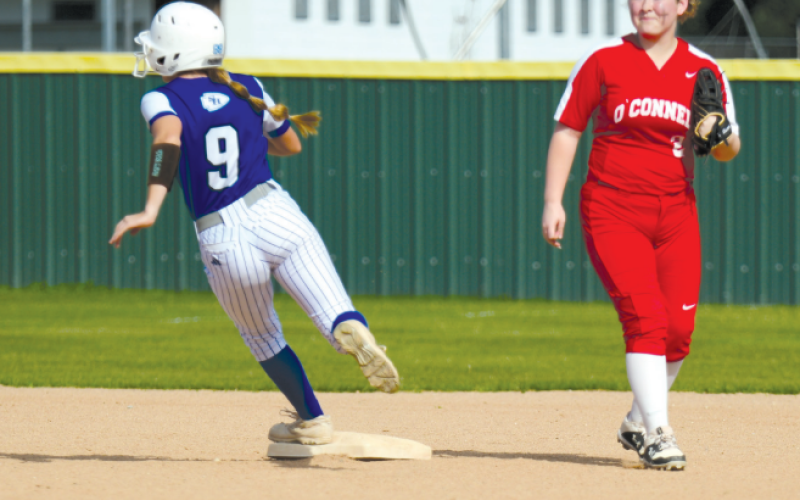 Avery Beach rounds second after a base hit by Karley Kostelnik. Chuck Grafe/Tribune-Herald