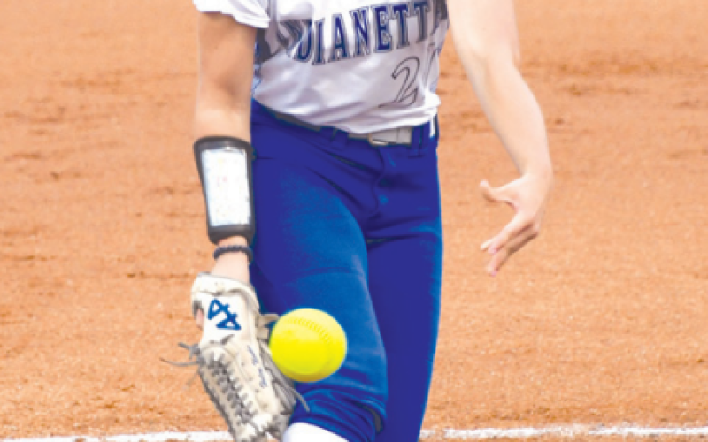 Haley Noska delivers a pitch during the state semifinal game. Mark Lube/Shiner Gazette