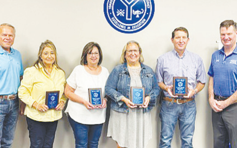 Mark Turk, Susan Elizondo, Linda Robles, Angie Gomez, Pat Brewer, Donna Cockroft, Francisca Berrera, Bernadette Siegel, and Betty Coleman. Pictured are the retirees who were in attendance: Linda Robles, Susan Elizondo, Bernadette Siegel, and Pat Brewer along with YISD Board President Glen Kusak and YISD Superintendent Tom Kelley. Contributed photo