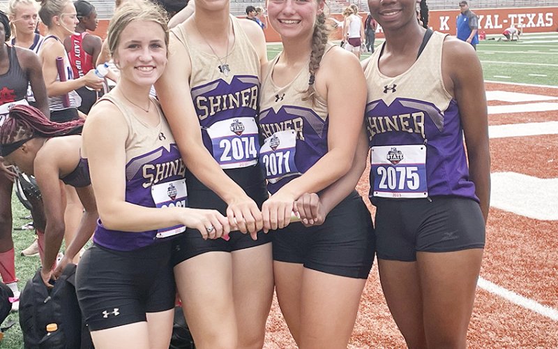 the Lady Comanche mile-relay team of from left Hayleigh Burns, Rylee Vancura, Riley Rainosek and JaMya Wright set a new school record with a time of 4:03.15. The old record of 4:04.10 was set in 2017 by Rashel Bonds, Mackinly (Pilat) Fifer, Kyondra Miller and Faith Wagoner. Photo courtesy of Kristi Peterson.