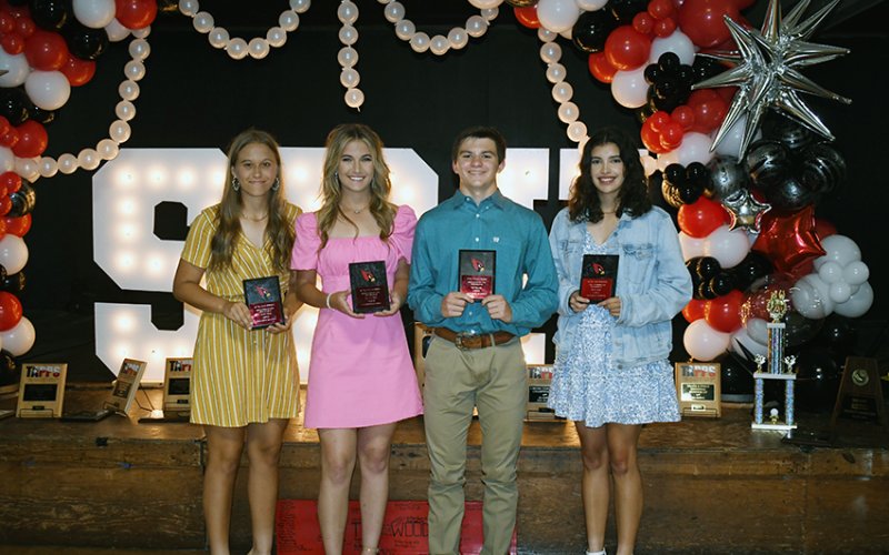 Four/five sport-athletes Sophomores. From left is Avery Pesek, Dallyn Pesek, Gus Collins and Petra Koch. Photo by Mark Lube.