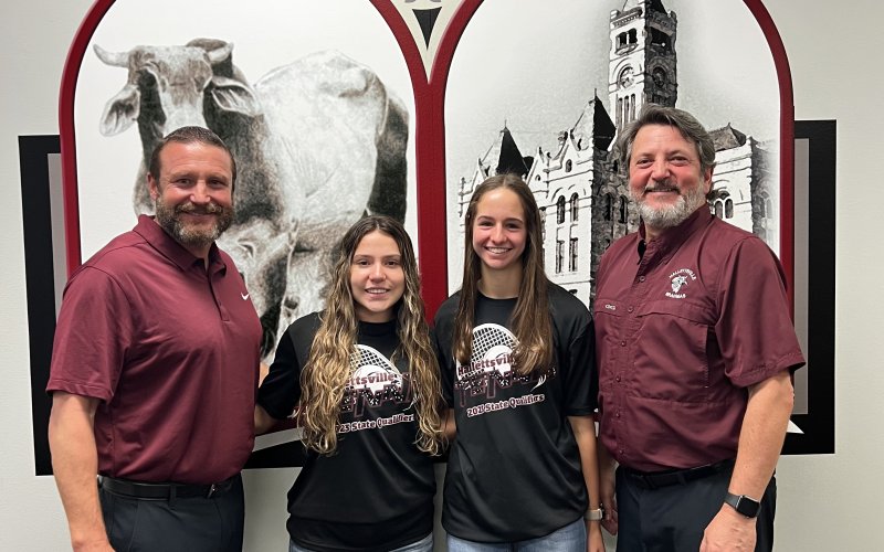 Hallettsville High School Lady Brahmas, Olivia Etzler and April Leopold were recognized at Monday’s HISD Board of Trustees Meeting. The tennis doubles duo qualified for the UIL State Tennis Tournament held April 25-26. From left are HISD athletic director Levi Montgomery, Leopold, Etzler and Board of Trustee president Robert Lundy. Photo by Trina Patek
