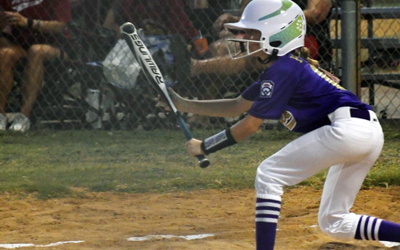 Hayden Rother leads off Shiner at the plate in the first inning in the tournament semifinal vs Hallettsville on June 20. Photo by Mark Lube.