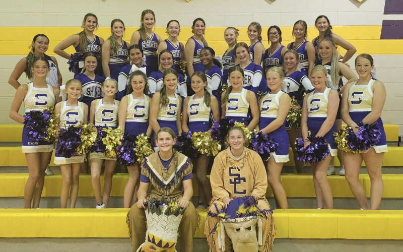 Pictured are, front row, left to right, Junior High Mascot Kenzie Springfield and Varsity Mascot Valery Bordovsky; second row, left to right, Reagan Horn, Blair Epley, Kayla Heinhold, Mallory Johnson, Taylor Kocian, Emersyn Boehm, Madi Hubbard, Tinsley Vasek, Gracyn Chrismon, and Harlee Sevcik; third row, left to right, UCA Instructor Rachel, Arya Terry, Jaeleigh Ramirez, Reagan Fluitt, Klair Hailey, Lexi Boner, Lily Prove, and UCA Instructor Kaily; fourth row, left to right, Chesney Machacek, Callie Sevcik