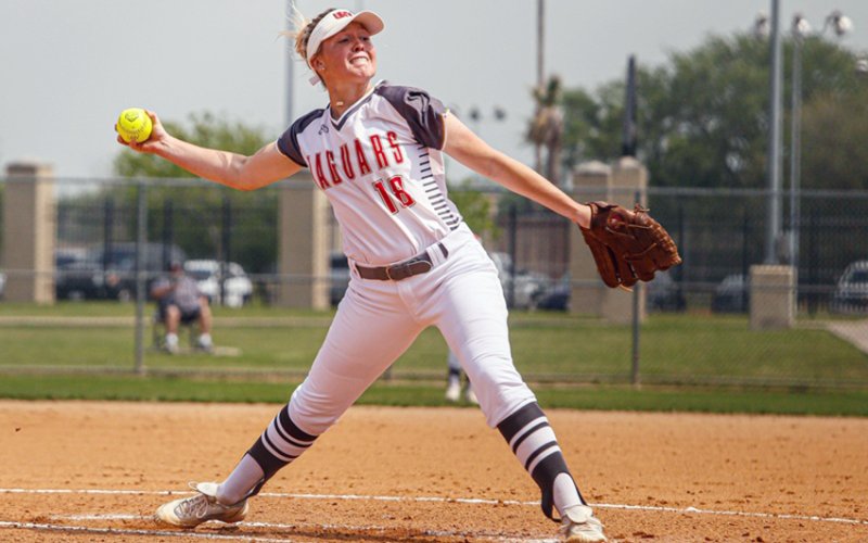 Cowan winds up a pitch in a game against Huston-Tilloston. She had a career-high 17 wins and set the school record in shutouts with 14. Photo courtesy of Howard Esse.