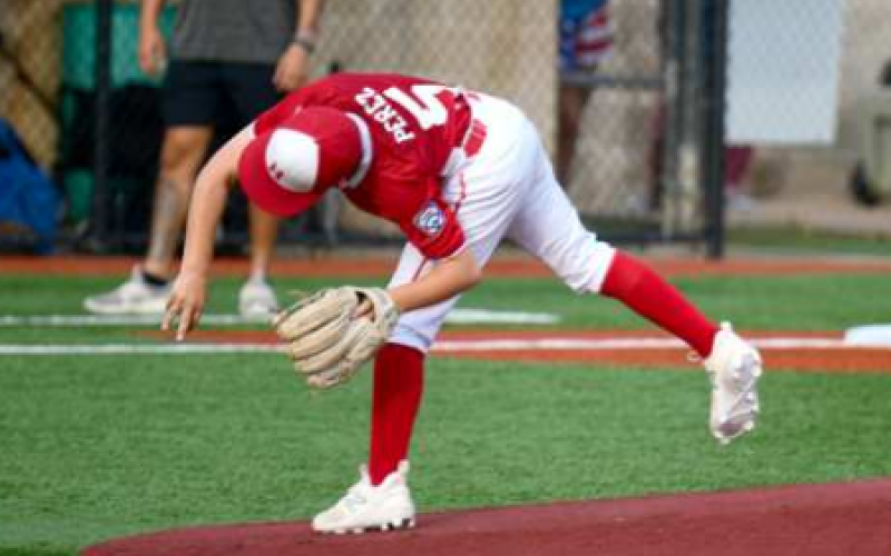 Zach Perez follows through on a pitch in the first inning. Chuck Grafe/Tribune-Herald