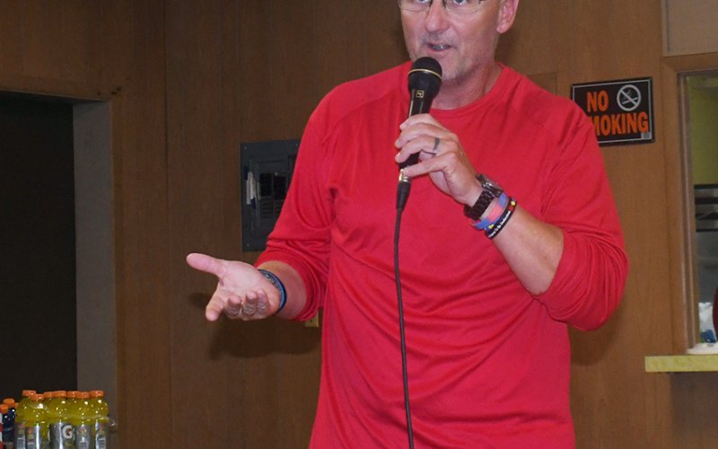 St. Paul head football coach Mike Jackson makes a speech during the “Meet the Cardinals” event Aug. 2 at the Shiner KC Hall. This is Jackson’s second tenure as head football coach at St. Paul.Photo by Mark Lube.