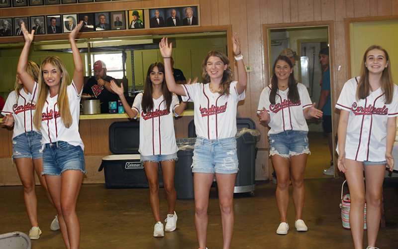 The Cardinal cheerleaders perform a cheer at the Meet the Cardinals event. First football for St. Paul will be Aug. 25 at Flatonia. Photo by Mark Lube.