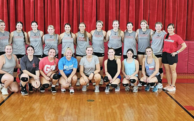 Bottom row from left are alumni players Ashlyn Steffek, Paige Brown, Brooke Pesek, Seryna Garza, Allie Kutac, Hope Blahuta, Trinity Garza and Gracey Novosad. Top row from left are 2023 team:  assistant coach Lenae Long, Dallyn Pesek, Emily Stamport, Emily Moeller, Maurin Knesek, Stefany Pokluda, Avery Pesek, Tori Walker, Faith Machart, Sam Moeller, Riley Mozisek, Skylar Mozisek and head coach Nicco Brown. Submitted photo.