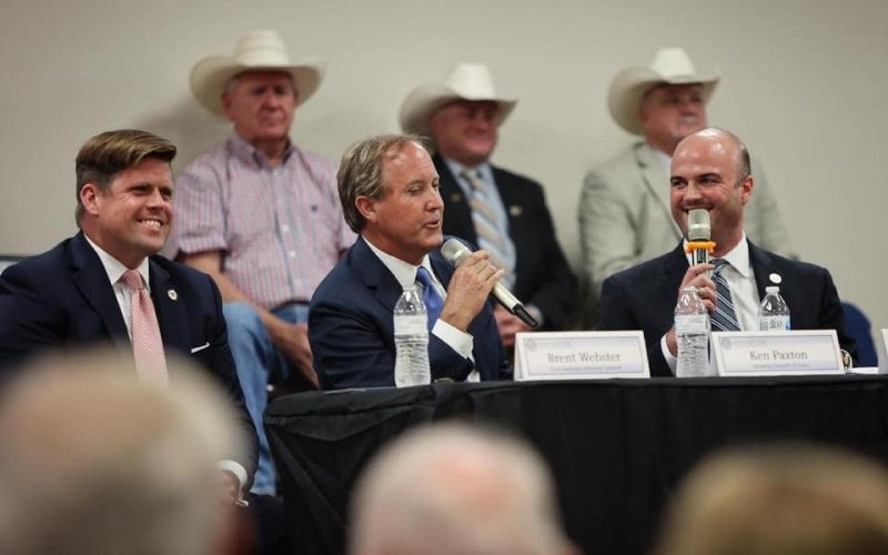 Ken Paxton—acquitted Saturday on 16 impeachment articles by the Texas Senate, and promptly reinstated as Texas Attorney General by Lt. Gov. Dan Patrick—speaks at a town hall meeting held at the Inez Community Center in neighboring Jackson County during a June 2021 visit to the Golden Crescent. File Photo