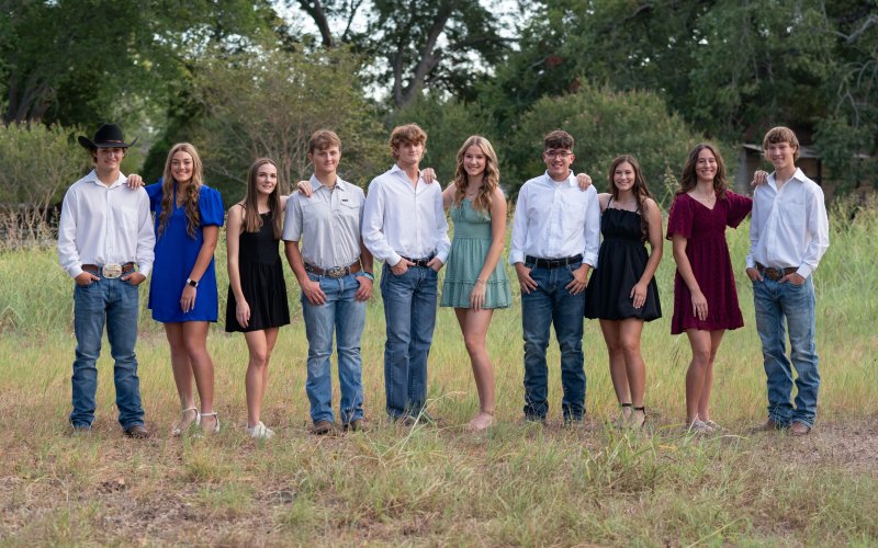 Pictured are, the nominees and their escorts, left to right, Carter Dickens, Chelsea Whiddon, Meghan Blaschke, Kaidan Boothe, Trace Bishop, Aimee Mitchon, Jackson Welch, Brooke Palmer, Rylee Vancura and Cale Shows. Photo by Lori Raabe.
