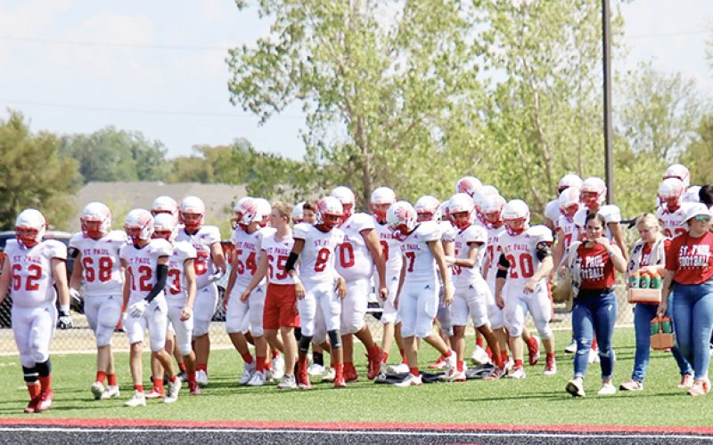 The 2-1 St. Paul Cardinals football team will play two more games on the road in the next two weeks. This week they will contend with Woodlands/Magnolia Legacy Grace Prep and next week will travel to Boerne to play Geneva Boerne. The Cards are back at home Sept. 29 in the Homecoming game against Austin Brentwood. Photo courtesy of Brian and Louann Heinsohn.