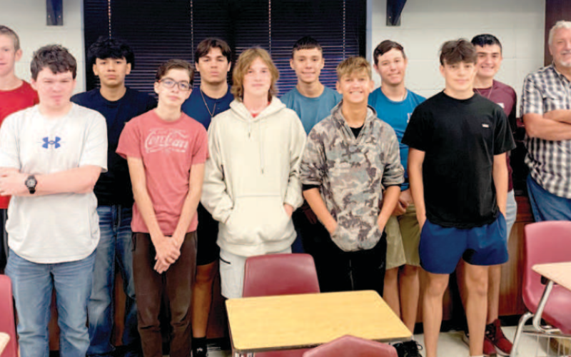 Hallettsville ISD has launched a new course this year that will enable junior and senior students to gain knowledge in aerospace and aviation. The Introduction to Aerospace and Aviation will have 11 students enrolled. Students taking the course include front from left are Jakub Jansky, Cole Parker, Colt Hagan, Colby Kutach and Trey Satterwhite III. Back row from left are Gabriel Dodson, Joseph Reyes, Allec Mizera, John Dean, Jr., Jared Lowery, Brennan Henneke and instructor, Jim Baker. Contributed photos