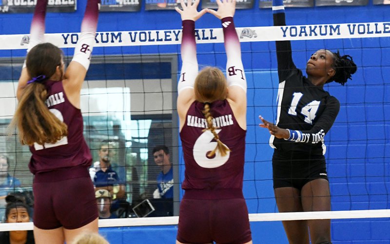 Jayana Phillips had 10 kills in Friday's match against Hallettsville. Photo by Mark Lube.