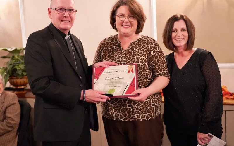 Pictured are, left to right, Bishop Brendan Cahill, Diocese of Victoria, Angie Decou and Neely Yackel, Principal of Shiner Catholic School.