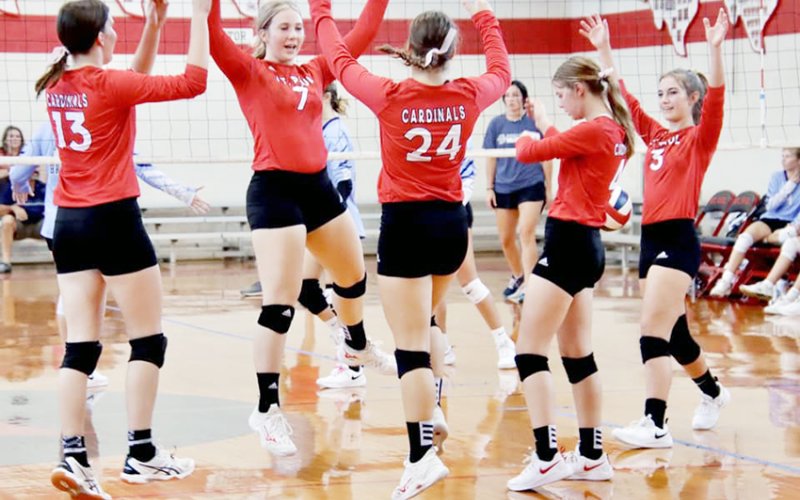 The St. Paul varsity volleyball team celebrates a play in the Oct. 3 home match. Photo courtesy of Brian and Louann Heinsohn