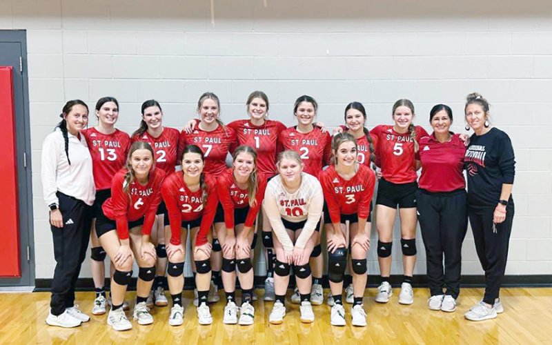 TAPPS 2A bi district champions St. Paul. Bottom row from left are Avery Pesek, Stefany Pokluda, Kristin Cerny, Maurin Knesek and Dallyn Pesek. Top row from left are assistant coach Lenae Long, Emily Moeller, Sam Moeller, Faith Machart, Riley Mozisek, Tori Walker, Emily Stamport, Skylar Mozisek, head coach Nicco Brown and assistant coach Karli Rodriguez. Photo courtesy of Nicco Brown.