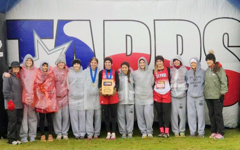 The St. Paul Lady Cardinals cross-country team finished as TAPPS 2A state runner up at the state meet Monday in Waco. Brooke Cerny placed first overall in the race. Photo courtesy of Shiner Catholic Schools.