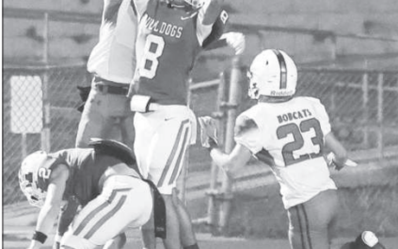 YHS Bulldog Qyion Williams (8) goes up for a catch during the football game against the Hempstead Bobcats on Oct. 27 in Bulldog Stadium. The Yoakum Bulldogs won the game 35-0 giving the Bulldogs their first district win. The last football game of the season will be at 7:30 p.m. this Friday night, Nov. 3 against the Hallettsville Brahmas in Hallettsville. Photo courtesy of Raymond Rosas.