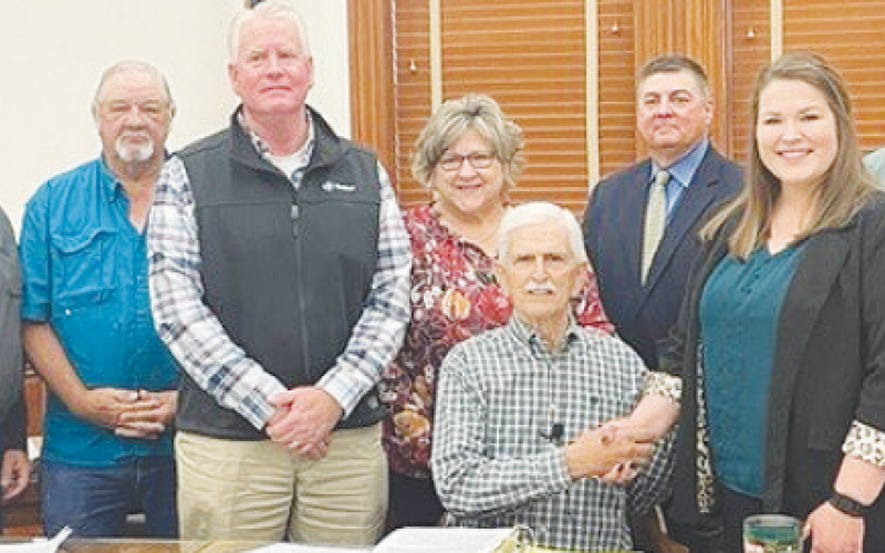 Pictured from left to right are Precinct 2 Commissioner James Pilchiek, Precinct 3 Commissioner James Kaiser, AgriLife Extension Agent Anthony Netardes, AgriLife Extension Agent Denise Goebel, Precinct 1 Commissioner Curtis Afflerbach, District AgriLife Extension Agent Donnie Montemayor, newly appointed 4-H Agent Candace Williamson, and Precinct 4 Commissioner Brian Carson.