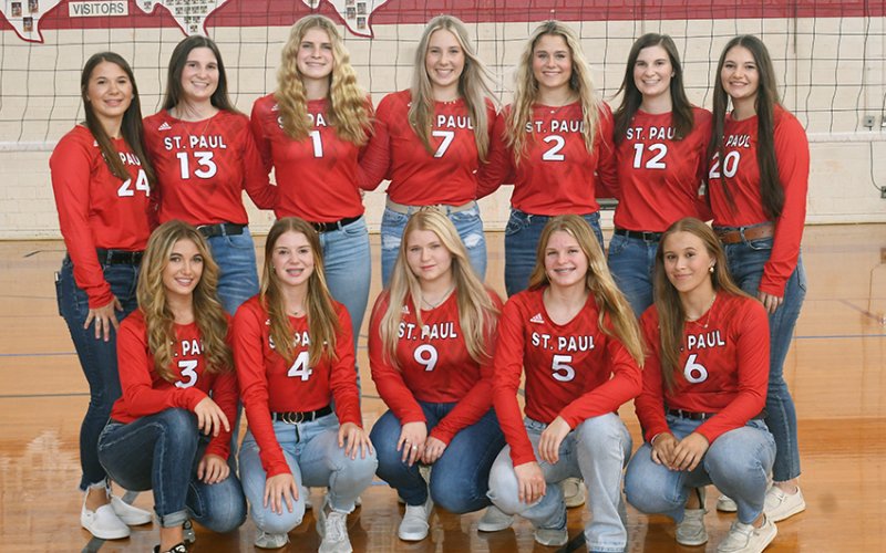 The 2023-2024 St. Paul volleyball team were TAPPS 2A bi-district champions and area-round finalists. Bottom row from left are Dallyn Pesek, Kristin Cerny, Maurin Knesek, Skylar Mozisek and Avery Pesek. Top row from left are Stefany Pokluda, Emily Moeller, Riley Mozisek, Faith Machart, Tori Walker, Sam Moeller and Emily Stamport. Photo by Mark Lube.