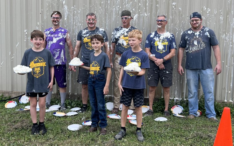 The top three selling scouts are shown with their leaders. Pictured are, left to right, front row, Isaac Bonorden (1st place - $5,662), Kenward Kolar (2nd place - $1,807), and Kolton Wilgus (3rd place - $1,735); back row, Dr. Tom Bays, Charles Bonorden, Brian Good, Dr. Marshall Bishop, and Jared Coburn.