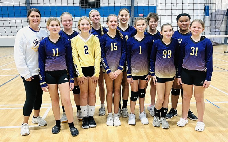 The Shiner Sweet Digs 13U competed in the December Dash Tournament Saturday in Buda. They placed second in pool play and won the crossover bracket.Front row from left are Lola Hornacky, Pyper Neskora, Addison Ulcak, Bree Nitsch, Haley Malina and Reese Lyons.Back row from left are coach Desiree Nitsch, Charlotte Hairell, Kendyl Boehm, Eastyn Pohler, Ally Trojack and Patricia Price. Photo courtesy of Michelle Price.