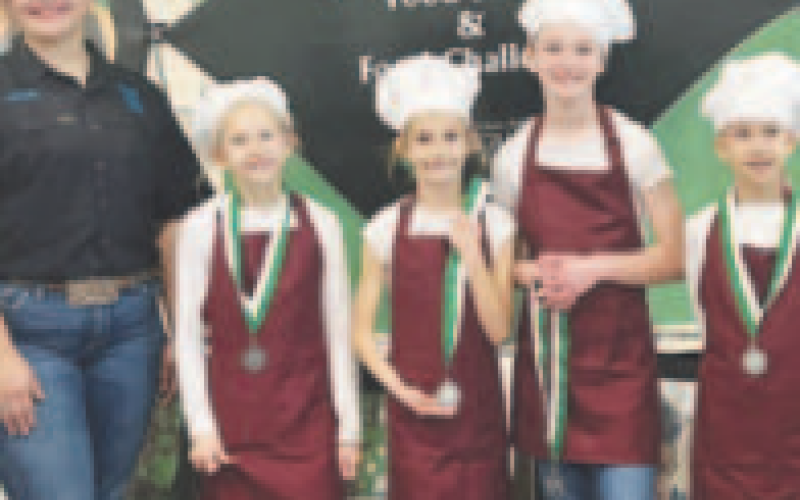 The Cooksters Junior Team placed 2nd in Appetizers at the District 11 4-H Food Challenge Competition. Pictured at right, from left to right are District 11 Parliamentarian Devyn Rios, Chloe Jansky, Kolet Olsovsky, Claire Janak, and Emery Haas. Contributed photo.