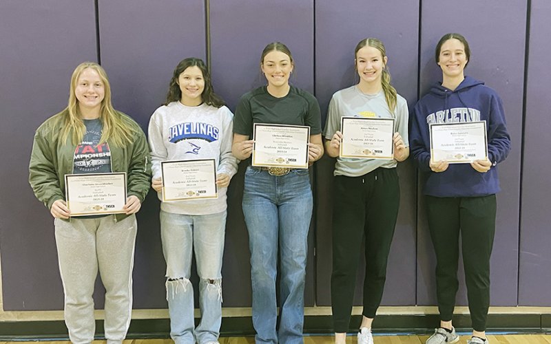 Shiner volleyball Academic All-State. From left  are Charlotte Grosenbacher, Brooke Palmer, Chelsea Whiddon, Aimee Mitchon and Rylee Vancura.