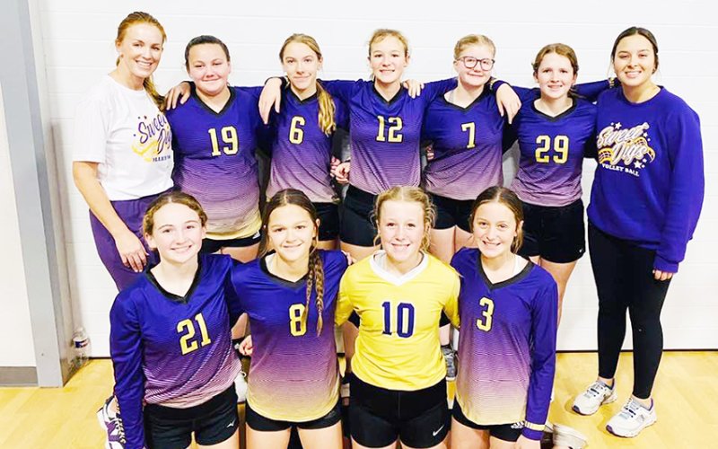 The Shiner Sweet Digs 14U played in the December Dash Tournament in Buda Saturday. They placed second. Bottom row from left to right are Savannah Durrett, Taylor Kocian, Tinsley Vasek and Madi Hubbard . Back row from left is coach Charissa Christensen, Jessica Whiddon, Alexis Malina, Stella Clifford, Madison Coburn, Whitley Lyons and coach Madison Chumchal. Photo courtesy of Leigh Ann Vasek.