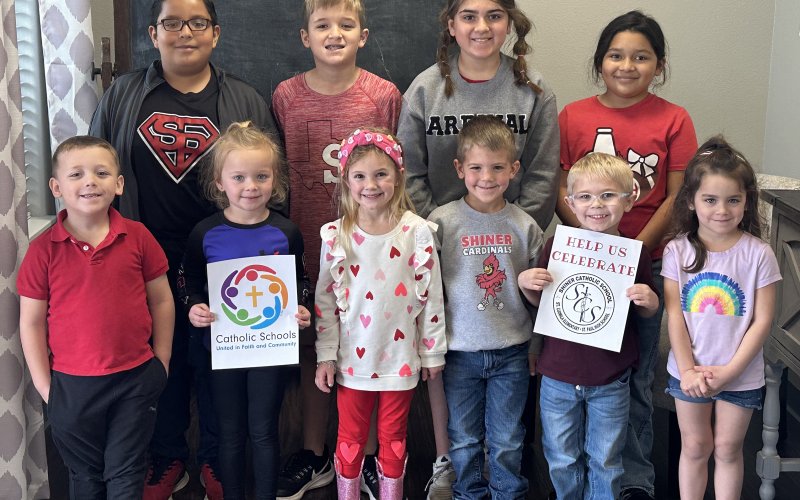 Students from Shiner Catholic Schools invite the community to join in celebrating Catholic Schools Week. Pictured are, front row, left to right, Jaxton Pekar, Shea Stafford, Collins Hurt, Brayden Pilat, Kase Harper, Josey Castello; back row, left to right, Ricardo Gonzalez, Wyatt Decker, Remi Radicke, and Elena Basquez.