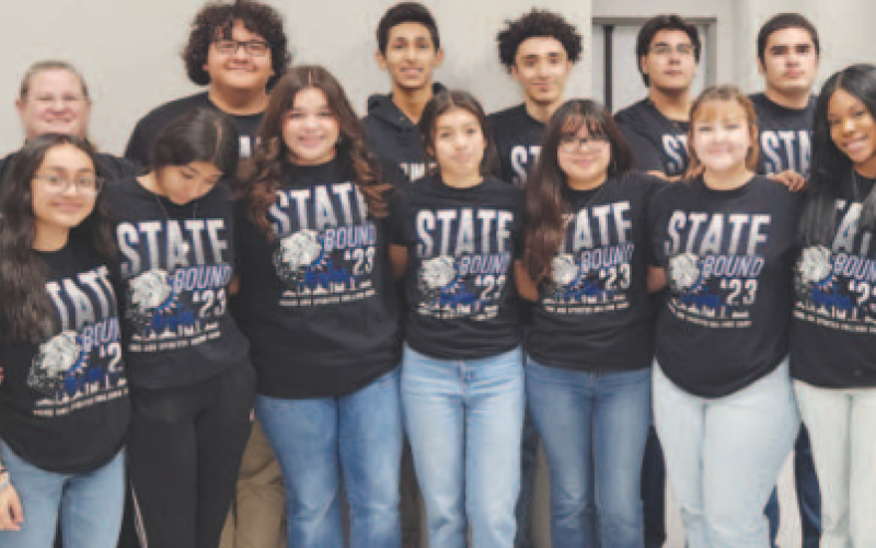 Many YHS Senior Band members were on hand to accept the recognition from the Yoakum ISD School Board for the State Marching Contest held on Nov. 8, 2023 at the Alamodome for the second consecutive year. Pictured at left are President Glen Kusak and YHS Band Director Dr. Jennifer Voges and at far right YHS Band Director Aaron Villarreal with band students.