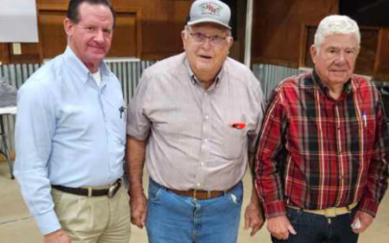 Candidate AJ Louderback meets with Lavaca County constituents Kenneth Henneke and Tom Foyt at Blase’s Hall Thursday in the first local meet-and-greet held for the highly contested District 30 Texas House of Representatives seat in Austin held by Geanie Morrison, who announced her retirement late last year.