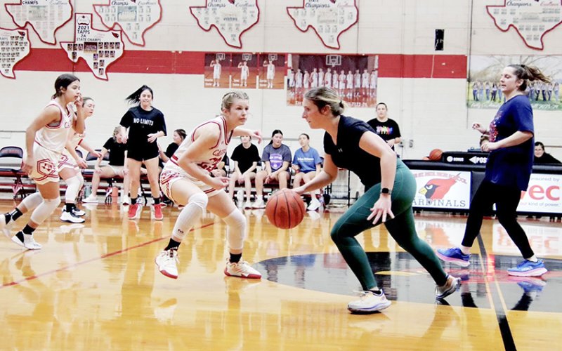Lady Cardinal Skylar Mozisek (left) faces down alumni player Gracey Novosad.Photo courtesy of Louann  and Brian Heinsohn.