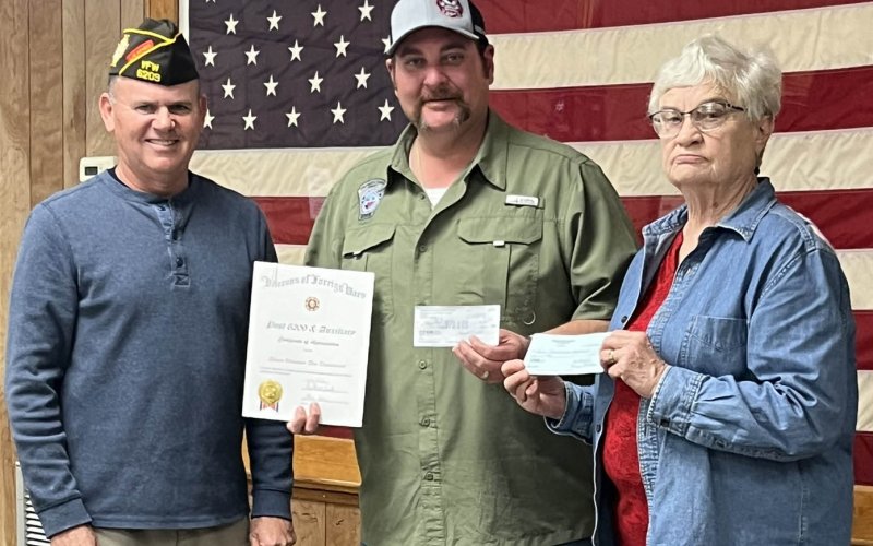VFW Post 6209 Commander Tony Fikac and Auxiliary President Rae Nell Janik presented certificates and monetary gifts to Lavaca County EMS Director Michael Furrh for the Lavaca County EMS and Shiner Volunteer Fire Department’s support to the local community.