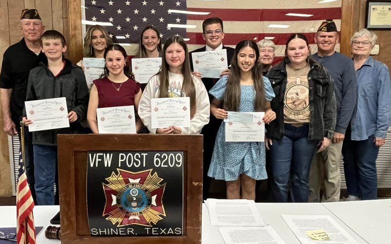 Pictured are, front row, left to right, Wesley Miller (Patriot’s Pen Essay, 2nd place, Shiner Catholic School), Mallory Johnson (Patriot’s Pen Essay, 3rd place, Shiner Jr. High), Dannica Beinhauer (Patriot’s Pen Essay, 2nd place, Shiner Jr. High), Julia Barecky (VOD, 1st place, St. Paul HS) and Kenley Wyant (Patriot’s Pen Essay, 2nd place, Shiner Catholic School); back row, left to right, David Muehlstein (VFW), Dallyn Pesek (VOD, 2nd place, St. Paul HS), Callie Chrismon (VOD 1st place, Shiner HS), Thomas K