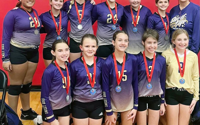 Front row from left are  Haley Malina, Reese Lyons, Addison Ulcak, Ally Trojack and Pyper Neskora. Back row from left are Patricia Price, Lola Hornacky, Kendyl Boehm, Eastyn Pohler,  Charlotte Hairell, Bree Nitsch and Coach Desiree Nitsch. Photo courtesy of Michelle Price.