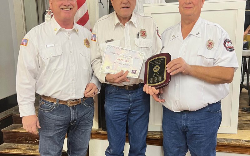 Lavaca County’s Chief Sheriff’s Deputy J.R. Peters was presented the Shiner Fire Department’s Ernst Wangeman Award of Excellence along with a rather remarkable 40-year service pin from Chief Billy Petru. Both awards were given as part of the firemen’s annual oyster supper. Shiner VFD Photo