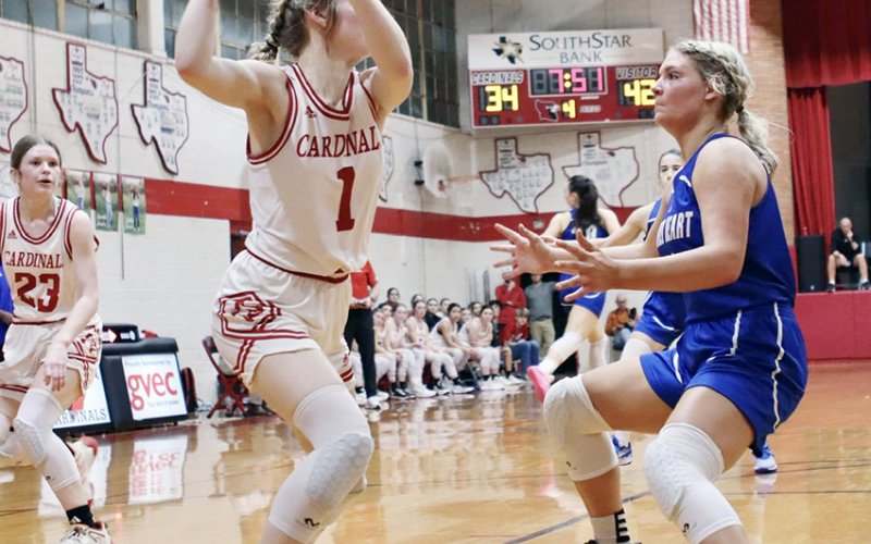 Riley Mozisek and the St. Paul Lady Cardinals played Bryan St. Joseph in the TAPPS 2A girls area round Tuesday at Fayetteville. The winner will face either Dallas First Baptist Academy or Austin Waldorf in the regional round. Photo courtesy of Louann Heinsohn.