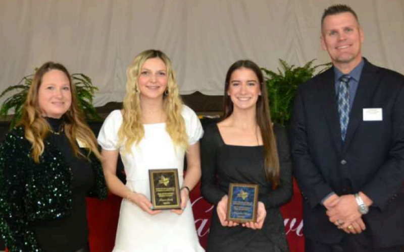 The 92nd Hallettsville Chamber of Commerce and Agriculture Membership and Awards Banquet was held Wednesday evening, Jan. 31 with Alexandra Kraatz and Lauren Lundy named Outstanding Senior Students from Sacred Heart Catholic and Hallettsville High Schools, respectively. From left Chamber president Jennifer Hagan, Lundy, Kraatz, and Chamber vice-president, Jon Lamson, who presented the award. Photo by Jimmy Appelt