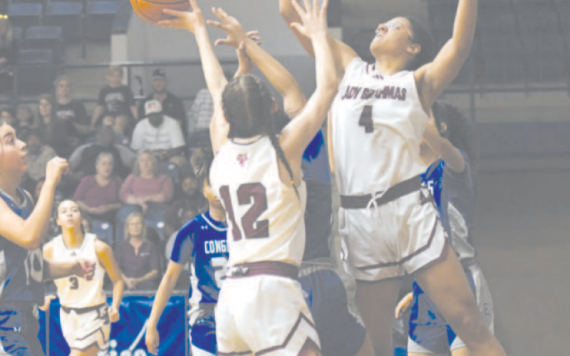 Alaina Halata (12) and Macy Herring (4) go up for a rebound in the third quarter. Chuck Grafe/Tribune-Herald